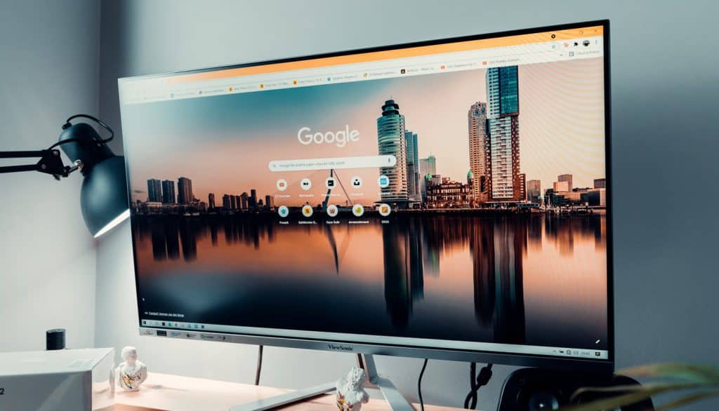 a computer screen with a city landscape on it
